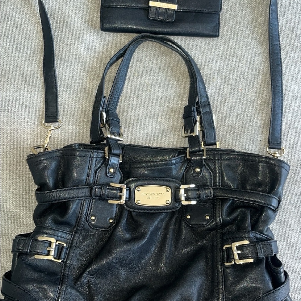 Used Michael Kors Black Shoulder Bag with wallet Gold Accents
